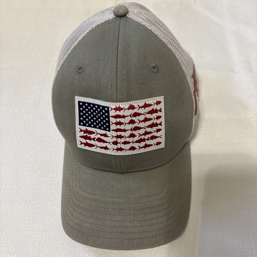 Columbia Fish American Flag Ball Cap Gray Mens Regular Fit PFG USA Mesh